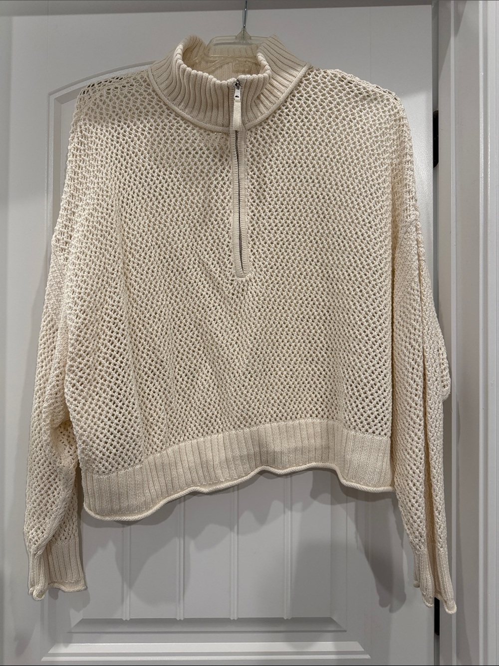 aerie Cream Open-Weave Half-Zip Turtleneck Sweater